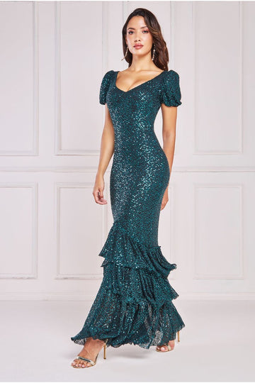 Puff Sleeve Tiered Hem Maxi Dress Goddiva
